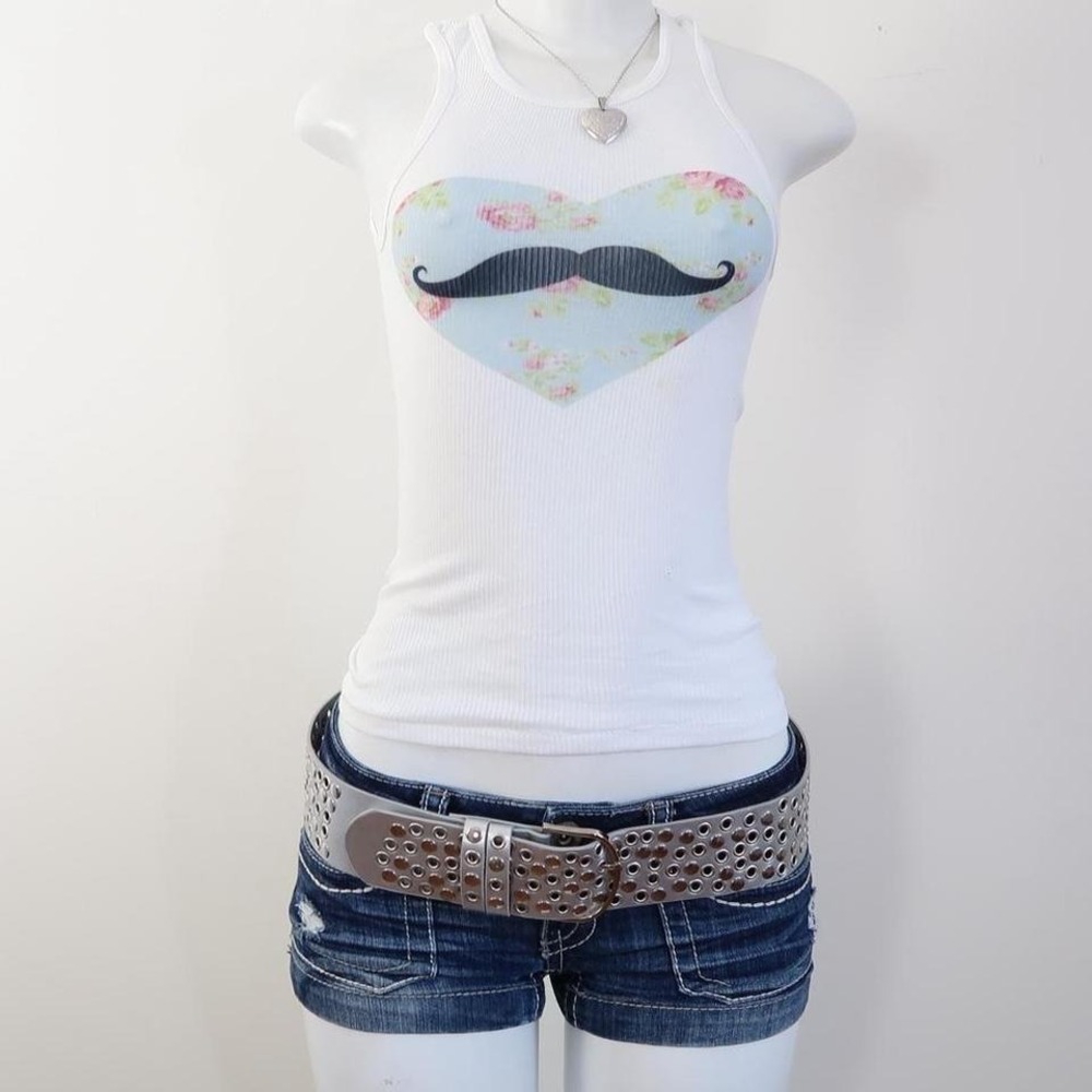 2010s floral mustache heart graphic tank white ribbed tumblr baby tee